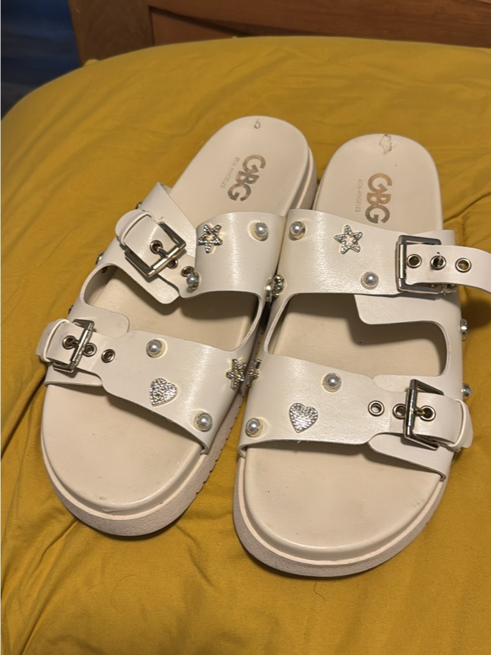 GBG Los Angeles White Studded Buckle Slide Sandals